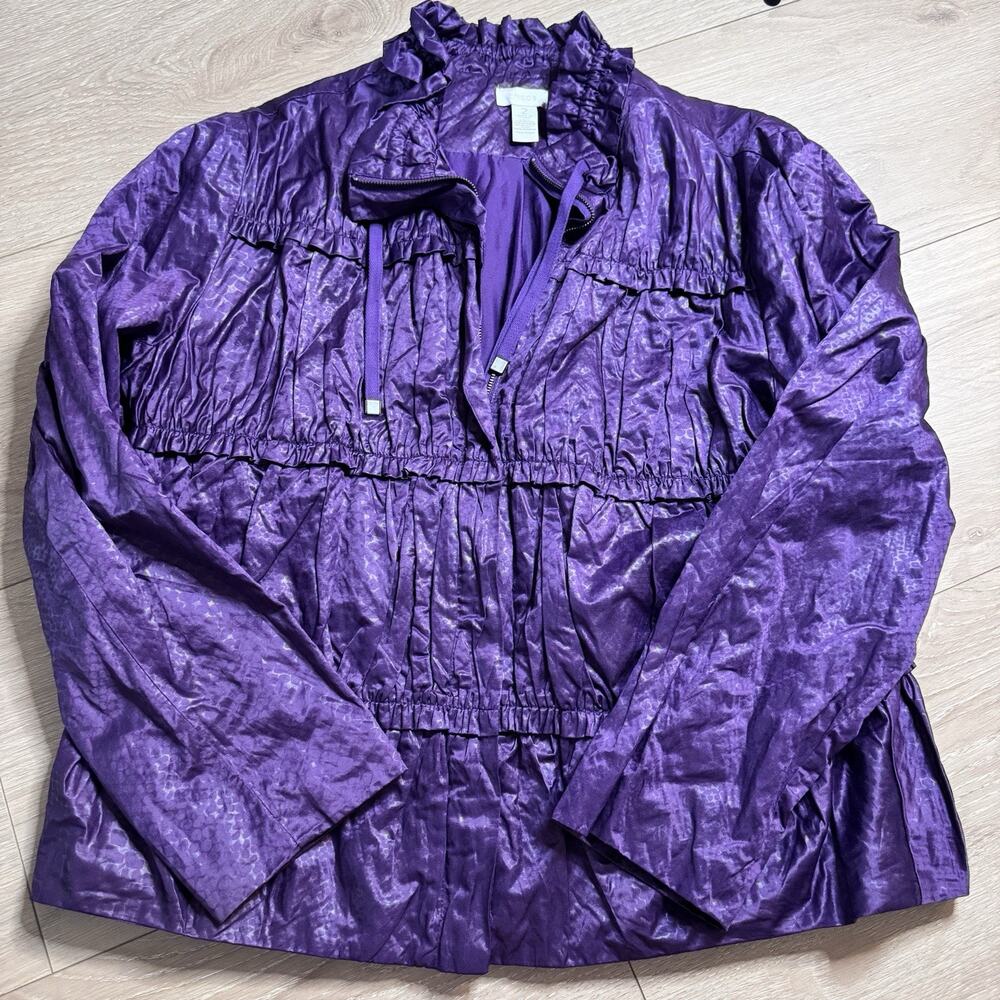 Chico's Sz 2/ L‎ Purple Crinkle Ruffled Ruched Windbreaker Jacket Women